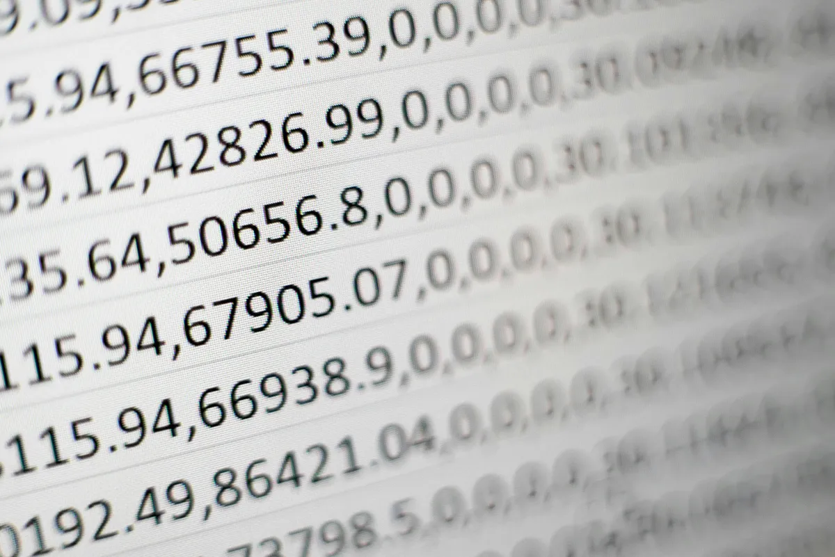 Close-up view of rows of numbers in a spreadsheet